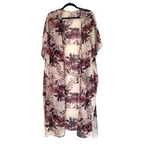 Emory Park Duster Kimono Women OS Ivory‎ Burgundy Purple Floral Sheer Longline
